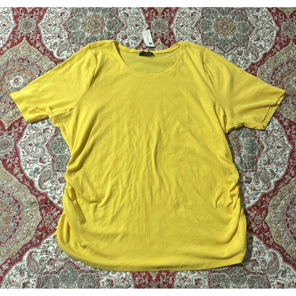 Lane Bryant Short‎ Sleeve V-Neck Side Ruched Tee Sz 26/28 Mustard Yellow NWT
